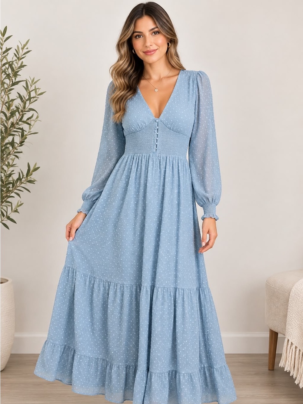 Patrons of Peace Light Blue Swiss Dot Maxi Dress